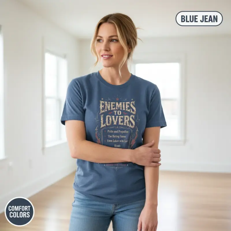 enemies to lovers is my cardio funny romance garment dyed t shirt bookish trope tee casual indoor female mature blue jean