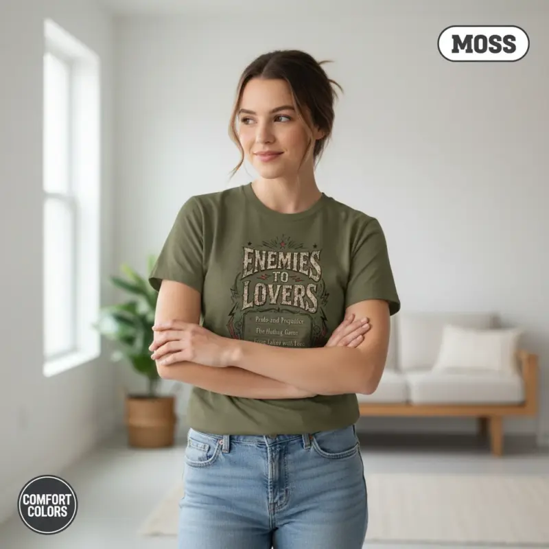 enemies to lovers is my cardio funny romance garment dyed t shirt bookish trope tee casual indoor female young moss