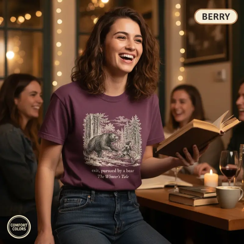 exit pursued by a bear shakespeare funny bookish garment dyed t shirt literary quote tee book club female berry