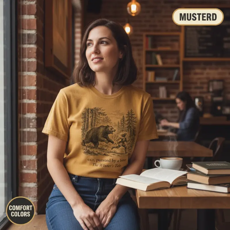 exit pursued by a bear shakespeare funny bookish garment dyed t shirt literary quote tee coffee shop female mustard