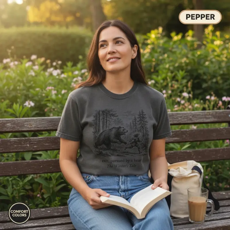 exit pursued by a bear shakespeare funny bookish garment dyed t shirt literary quote tee outdoor reading female pepper