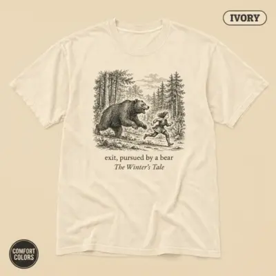 Ivory Comfort Colors garment-dyed t-shirt printed with Exit pursued by a bear Shakespeare literary quote and bear graphic, front view
