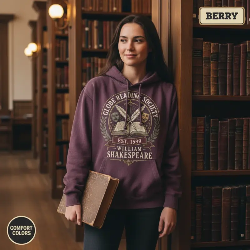 globe reading society est 1599 shakespeare book lover hoodie library female berry