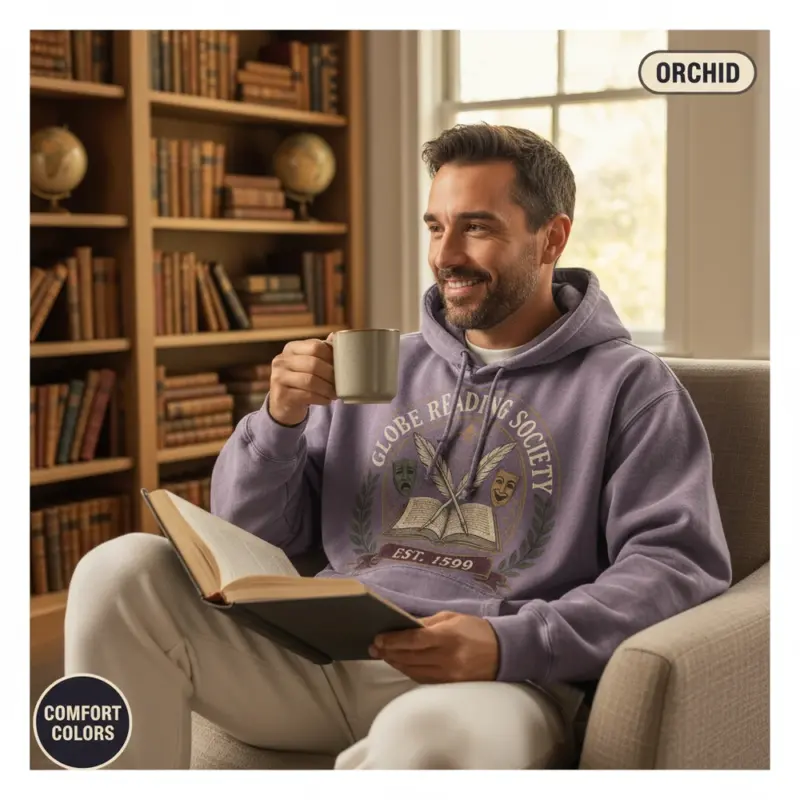 globe reading society est 1599 shakespeare book lover hoodie mature male orchid