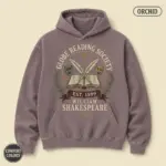 globe reading society est 1599 shakespeare book lover hoodie studio frontal orchid
