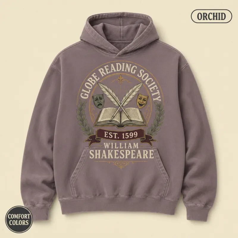 globe reading society est 1599 shakespeare book lover hoodie studio frontal orchid