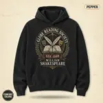 Pepper Comfort Colors pullover hoodie with Globe Reading Society Est 1599 vintage badge graphic – Shakespeare book lover apparel