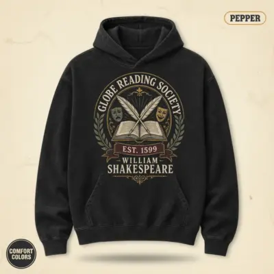 Pepper Comfort Colors pullover hoodie with Globe Reading Society Est 1599 vintage badge graphic – Shakespeare book lover apparel