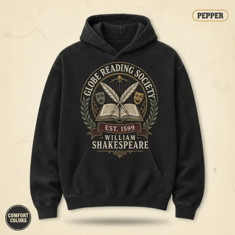 globe-reading-society-est-1599-shakespeare-book-lover-hoodie-studio-frontal-pepper.webp Pepper Comfort Colors pullover hoodie with Globe Reading Society Est 1599 vintage badge graphic – Shakespeare book lover apparel