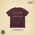 Berry garment-dyed Comfort Colors tee with dark romance phrase "He Was Her Villain She Was His Downfall" in serif typography, front chest print