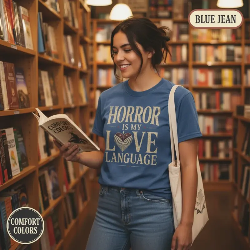 horror is my love language dark fiction reader t shirt bookstore female young blue jean