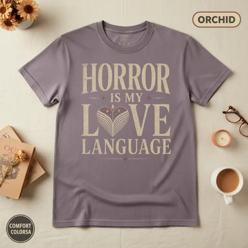 horror is my love language dark fiction reader t shirt flatlay bookish orchid