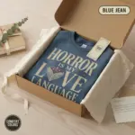 horror is my love language dark fiction reader t shirt packaging bookish blue jean