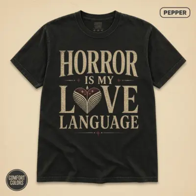 Pepper Comfort Colors t-shirt with bold "Horror Is My Love Language" typography – front view, dark fiction reader bookish apparel