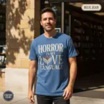 horror is my love language dark fiction reader t shirt sunlight male blue jean