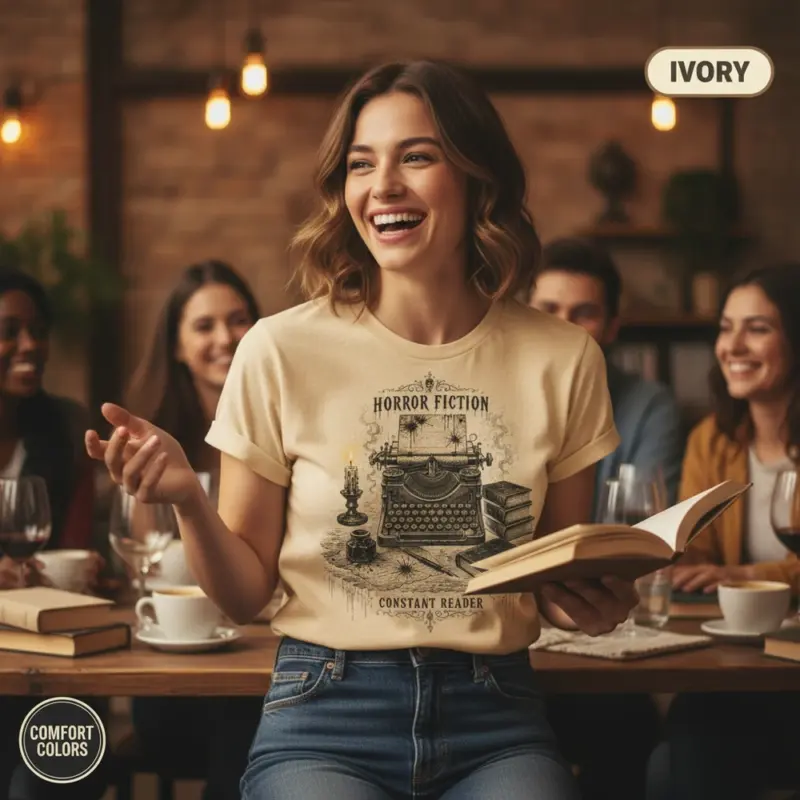 horror writer typewriter gothic dark academia t shirt book club female ivory