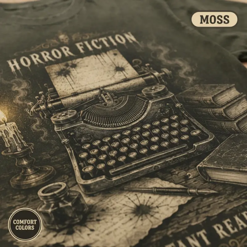 horror writer typewriter gothic dark academia t shirt closeup detail moss