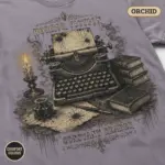 horror writer typewriter gothic dark academia t shirt closeup detail orchid