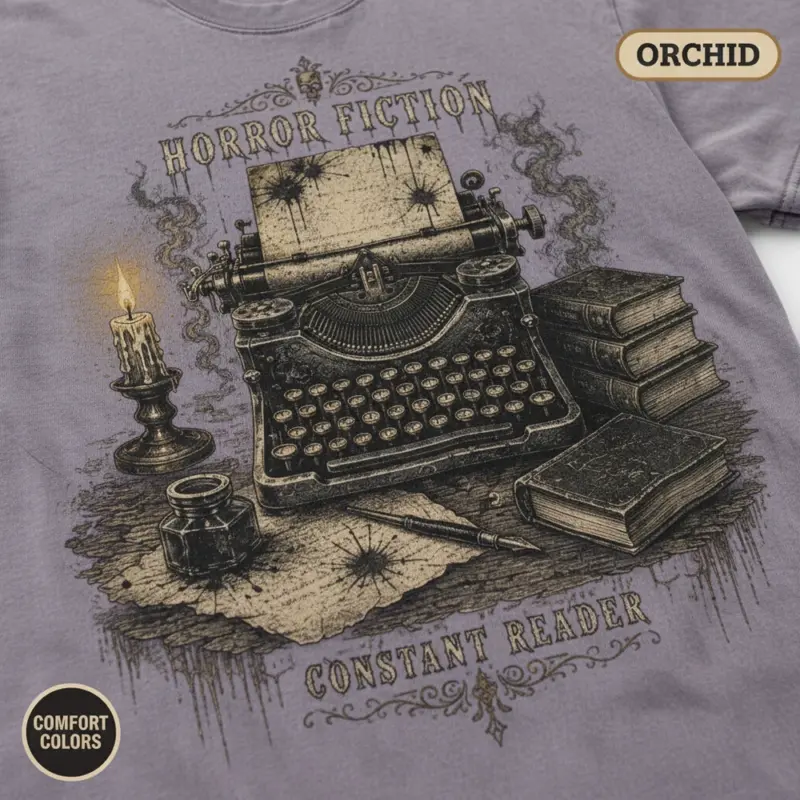 horror writer typewriter gothic dark academia t shirt closeup detail orchid
