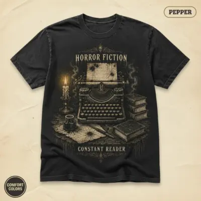 Pepper Comfort Colors t-shirt with vintage Gothic typewriter dark academia illustration -- front view on studio background