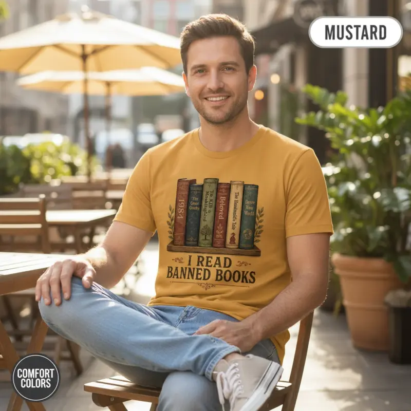 i read banned books statement garment dyed t shirt bookish apparel for readers mature male mustard
