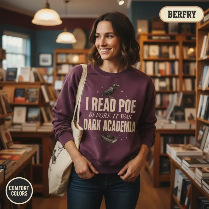 i read poe before it was dark academia sweatshirt bookstore female mid berry