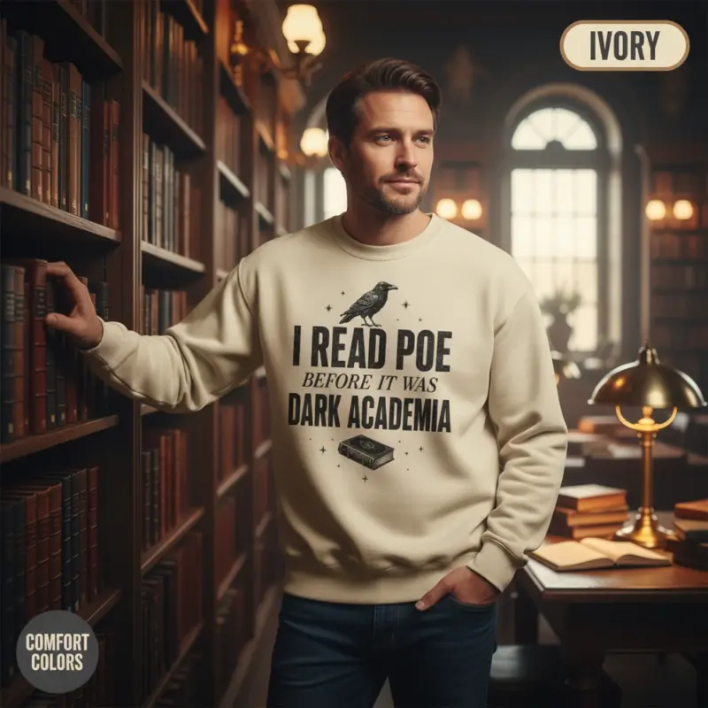 i read poe before it was dark academia sweatshirt library male ivory