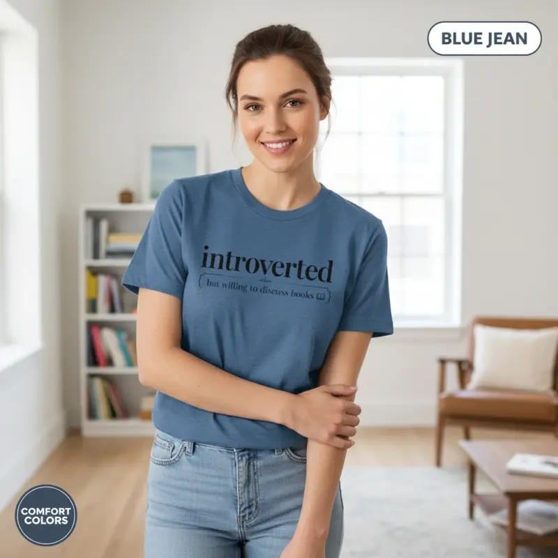 introverted but willing to discuss books bookish garment dyed t shirt funny reader tee casual indoor female young blue jean