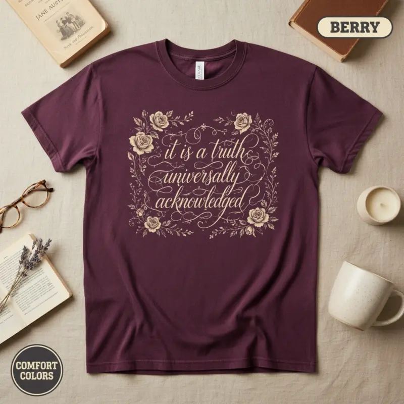 it is a truth universally acknowledged jane austen garment dyed t shirt pride and prejudice tee flatlay bookish berry