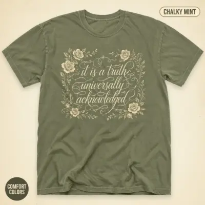 Chalky Mint Comfort Colors garment-dyed t-shirt printed with the Pride and Prejudice opening quote by Jane Austen, studio frontal view