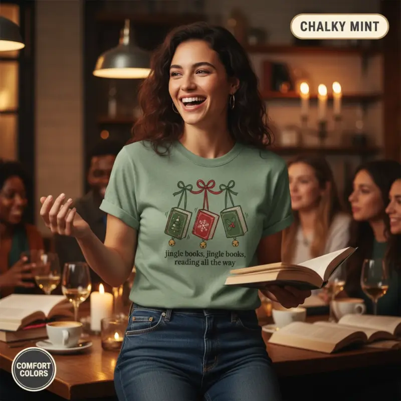 jingle books holiday bookish gift garment dyed t shirt funny christmas reader tee book club female chalky mint