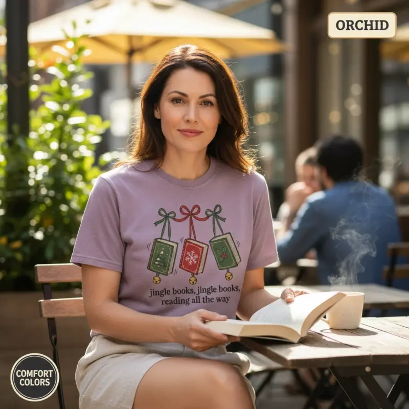 jingle books holiday bookish gift garment dyed t shirt funny christmas reader tee mature female orchid