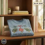 jingle books holiday bookish gift garment dyed t shirt funny christmas reader tee shelf vignette blue jean