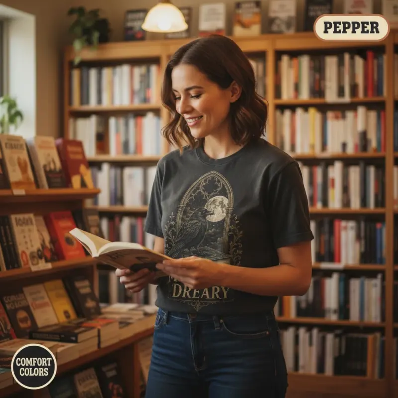 midnight dreary raven t shirt bookstore female mid pepper