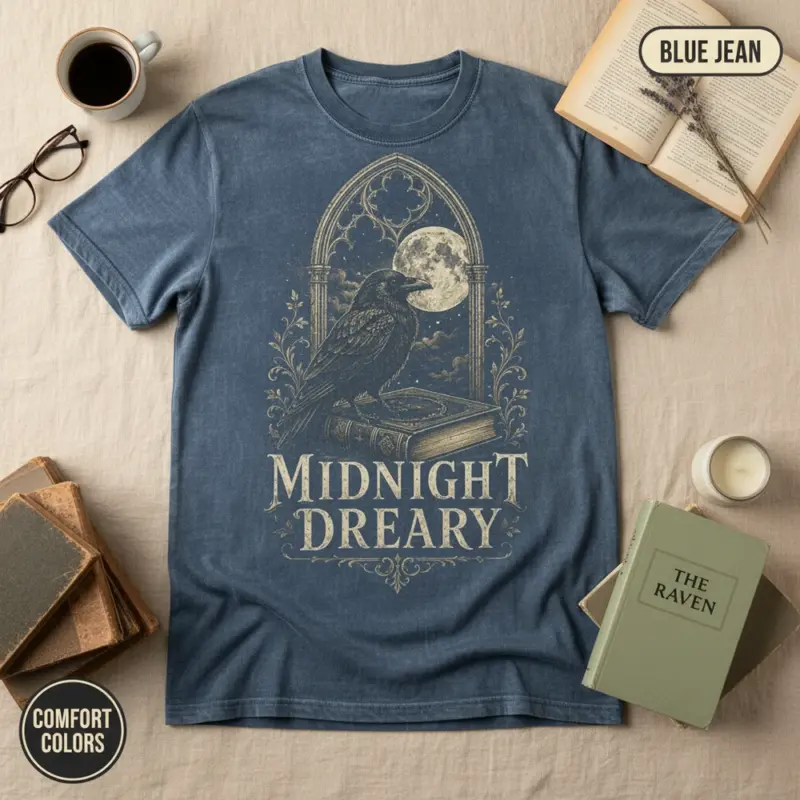 midnight dreary raven t shirt flatlay bookish blue jean