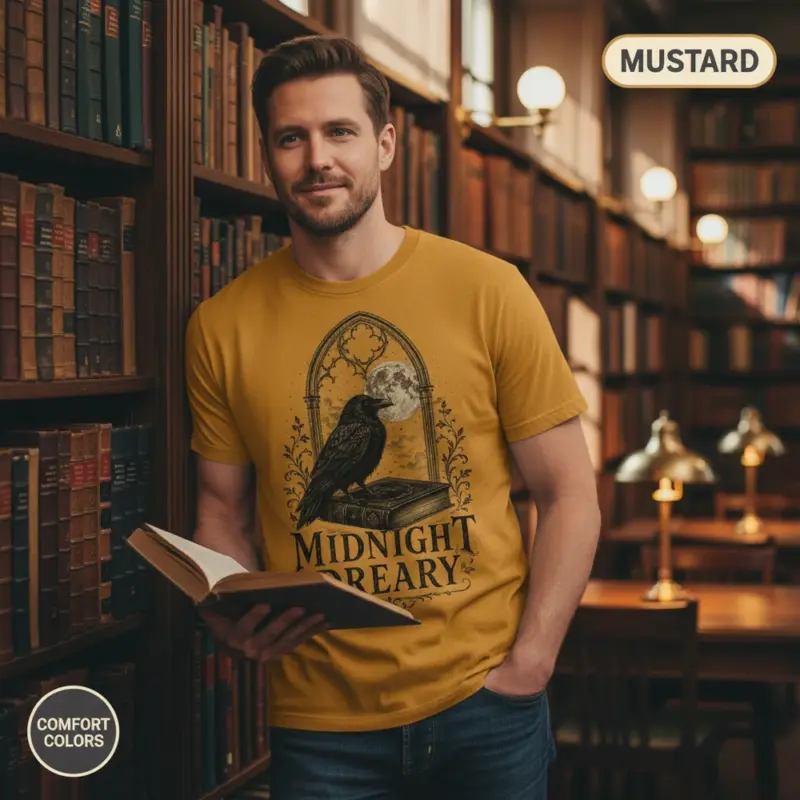 midnight dreary raven t shirt library male mustard