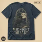 Blue Jean Comfort Colors t-shirt with Edgar Allan Poe raven illustration and "Once upon a midnight dreary" literary quote printed front chest center