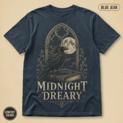 Blue Jean Comfort Colors t-shirt with Edgar Allan Poe raven illustration and "Once upon a midnight dreary" literary quote printed front chest center