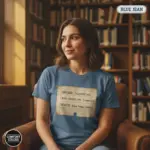 Woman wearing Blue Jean Comfort Colors garment-dyed tee printed with "My Reading List Makes People Nervous" banned books humor typography