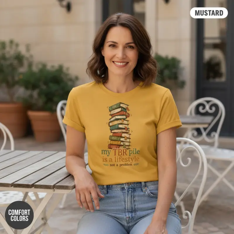 my tbr pile is a lifestyle funny bookish garment dyed t shirt reading humor tee mature female mustard