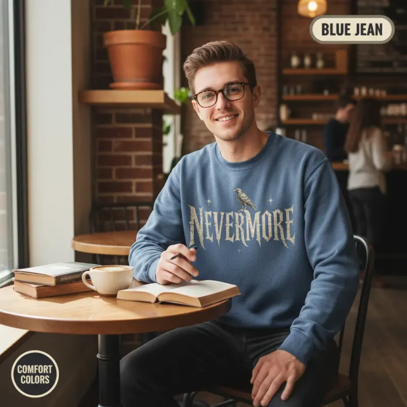 nevermore gothic statement sweatshirt coffee shop male blue jean