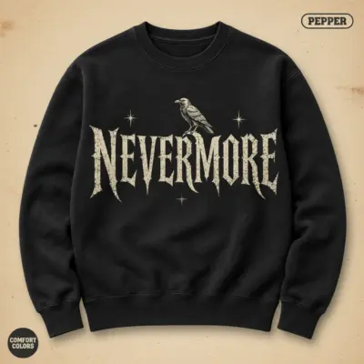 Nevermore Gothic statement sweatshirt in Pepper – front chest display of Poe's Raven quote typography on Comfort Colors 1566 garment-dyed fleece