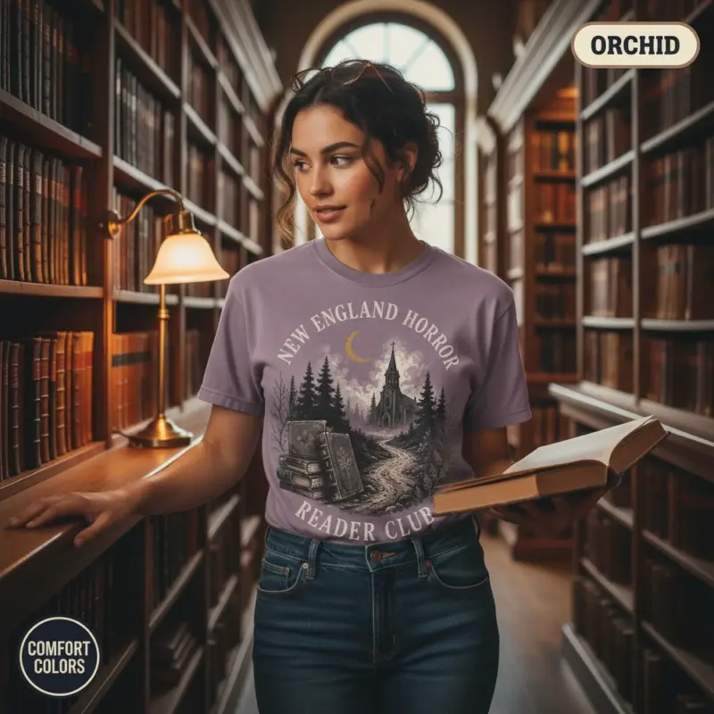 new england horror reader gothic book lover t shirt library female orchid