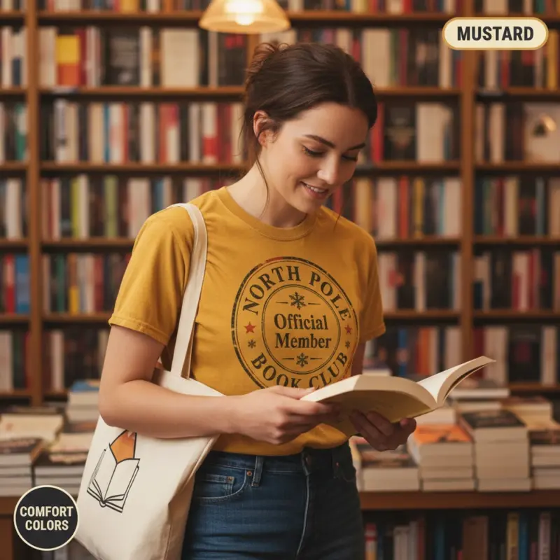 north pole book club christmas bookish gift garment dyed t shirt holiday reader tee bookstore female young mustard