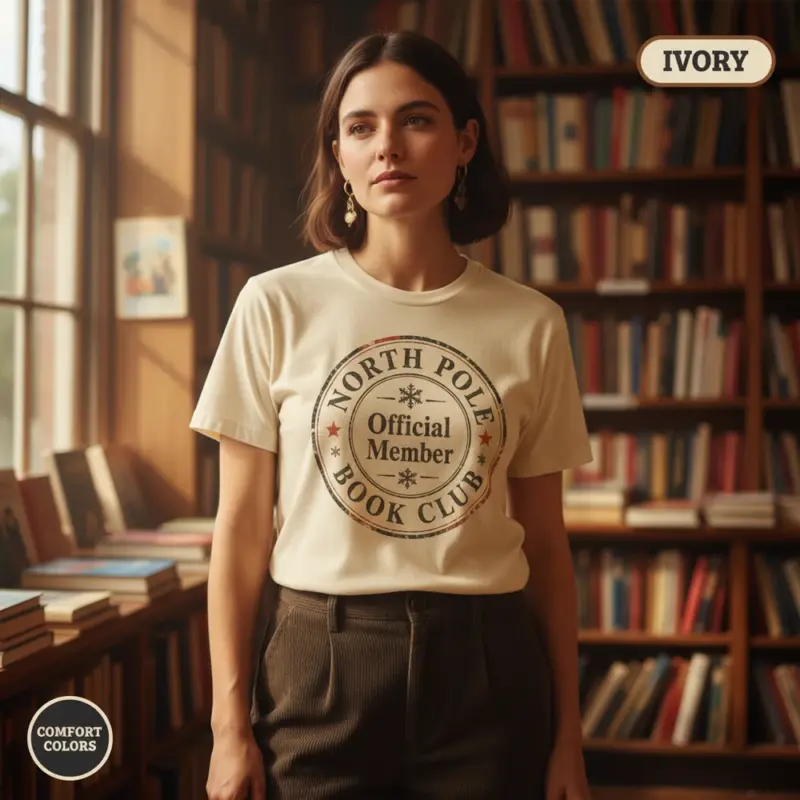 north pole book club christmas bookish gift garment dyed t shirt holiday reader tee creative female ivory