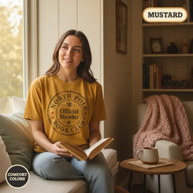 north pole book club christmas bookish gift garment dyed t shirt holiday reader tee reading nook female young mustard