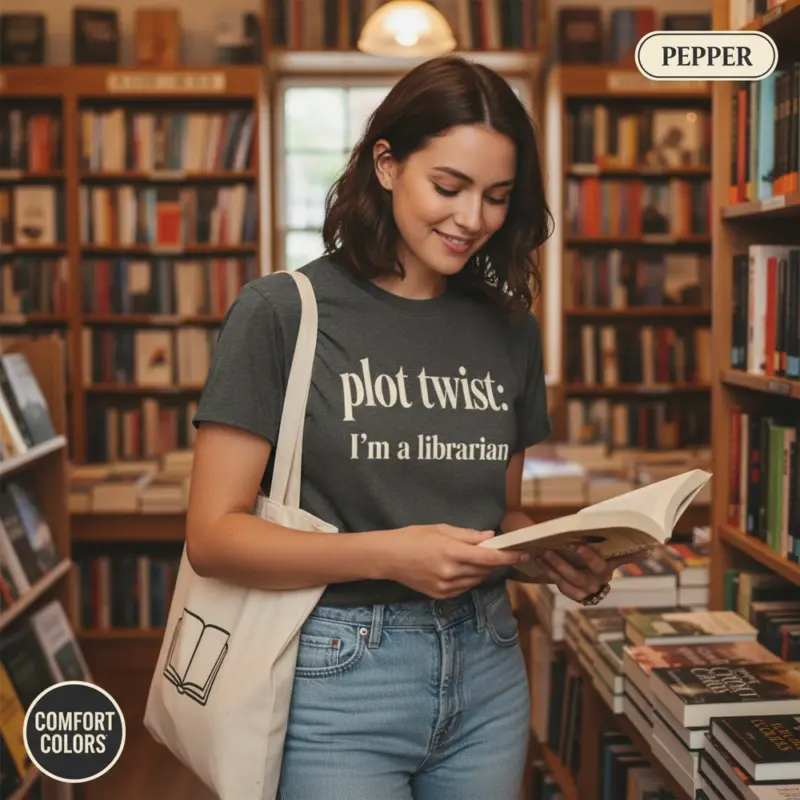 plot twist im a librarian funny bookish gift garment dyed t shirt library lover tee bookstore female young pepper