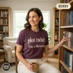 plot twist im a librarian funny bookish gift garment dyed t shirt library lover tee mature female berry