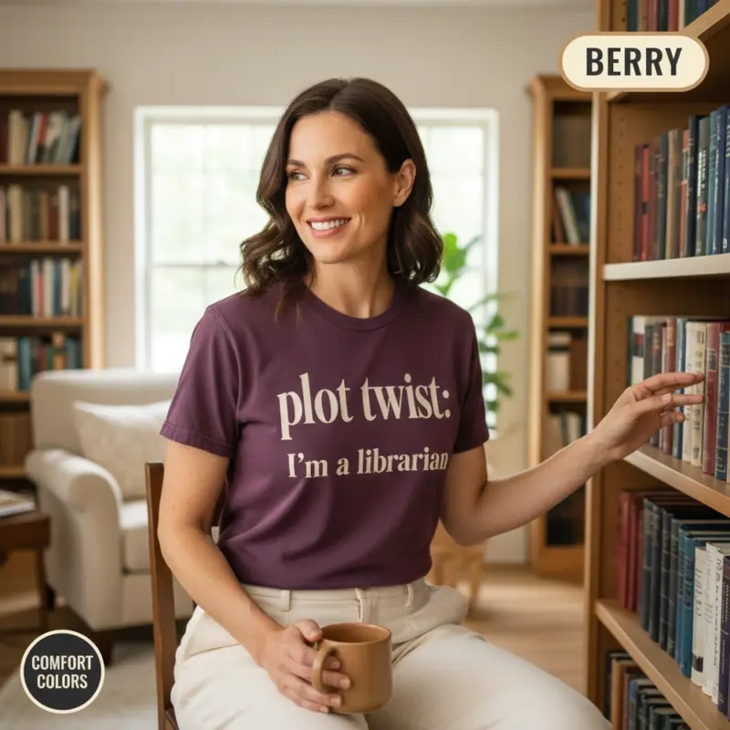 plot twist im a librarian funny bookish gift garment dyed t shirt library lover tee mature female berry