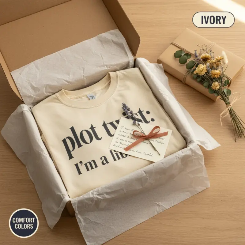 plot twist im a librarian funny bookish gift garment dyed t shirt library lover tee packaging bookish ivory